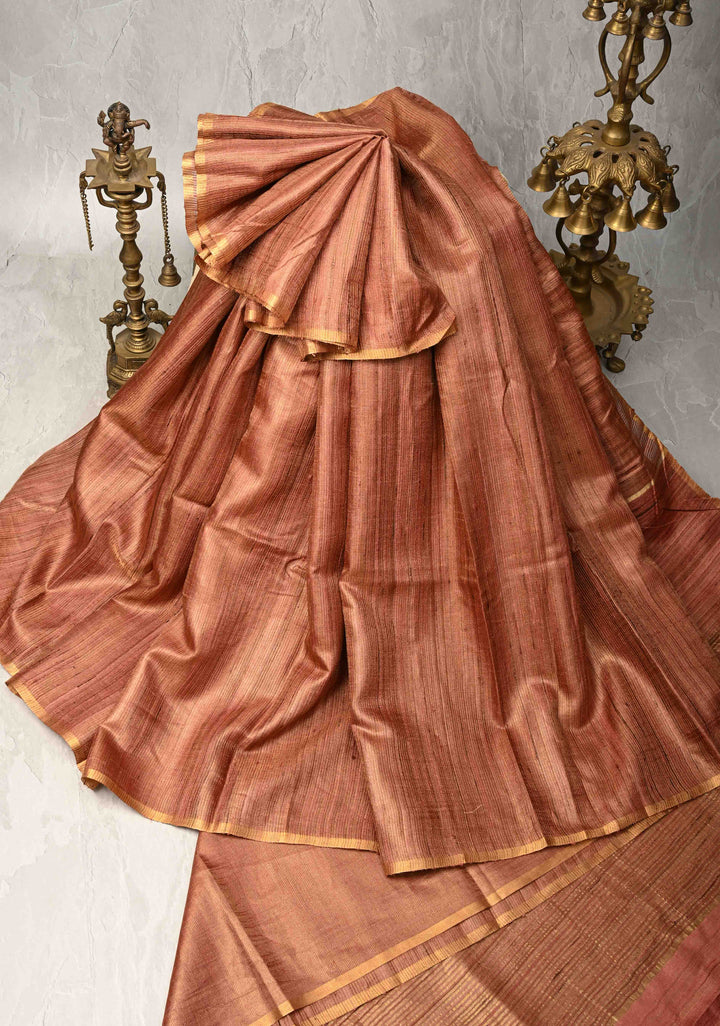 Rose Pink   Geecha Tussar tissue Saree with Minimal Zari Border | SILK MARK CERTIFIED