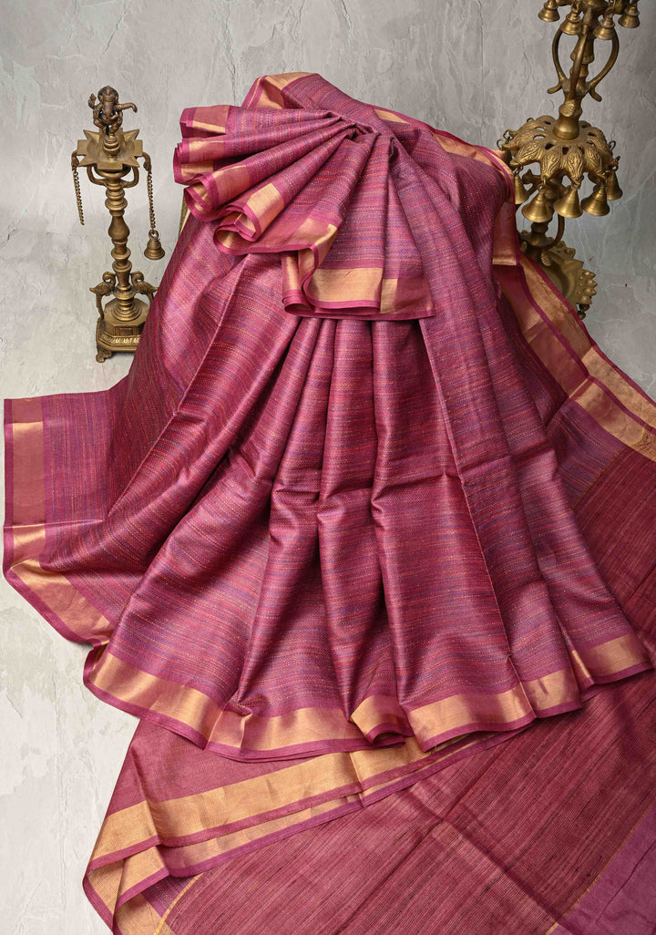 Mulberry Knit Finish Pure Tussar Silk Saree With Minimal Zari Border | SILK MARK CERTIFIED