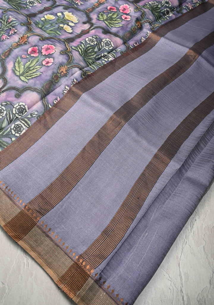 Pink-Lilac Tussar Silk saree with Floral Digital Print and Minimal Border | SILK MARK CERTIFIED