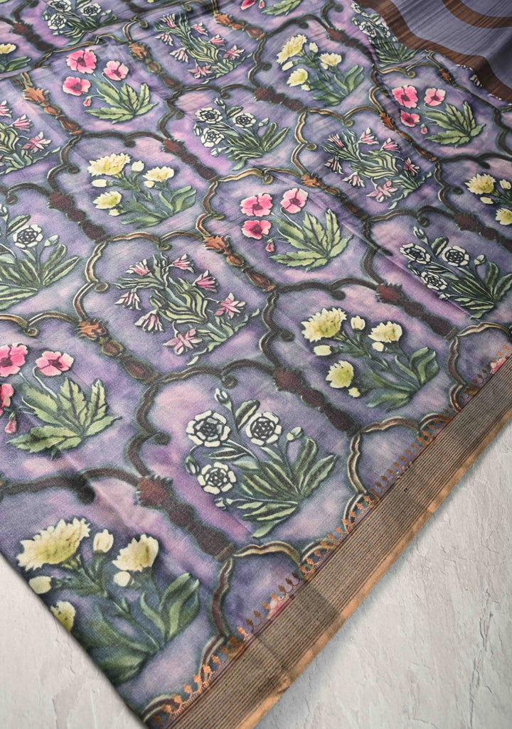 Pink-Lilac Tussar Silk saree with Floral Digital Print and Minimal Border | SILK MARK CERTIFIED