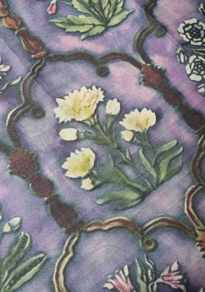 Pink-Lilac Tussar Silk saree with Floral Digital Print and Minimal Border | SILK MARK CERTIFIED