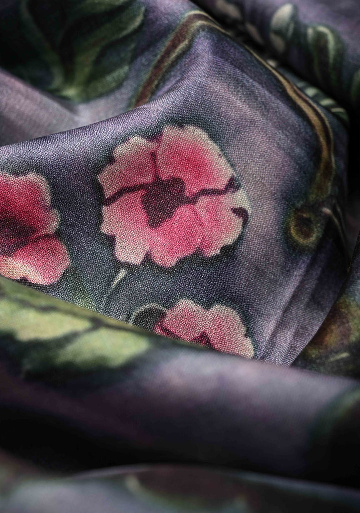 Pink-Lilac Tussar Silk saree with Floral Digital Print and Minimal Border | SILK MARK CERTIFIED