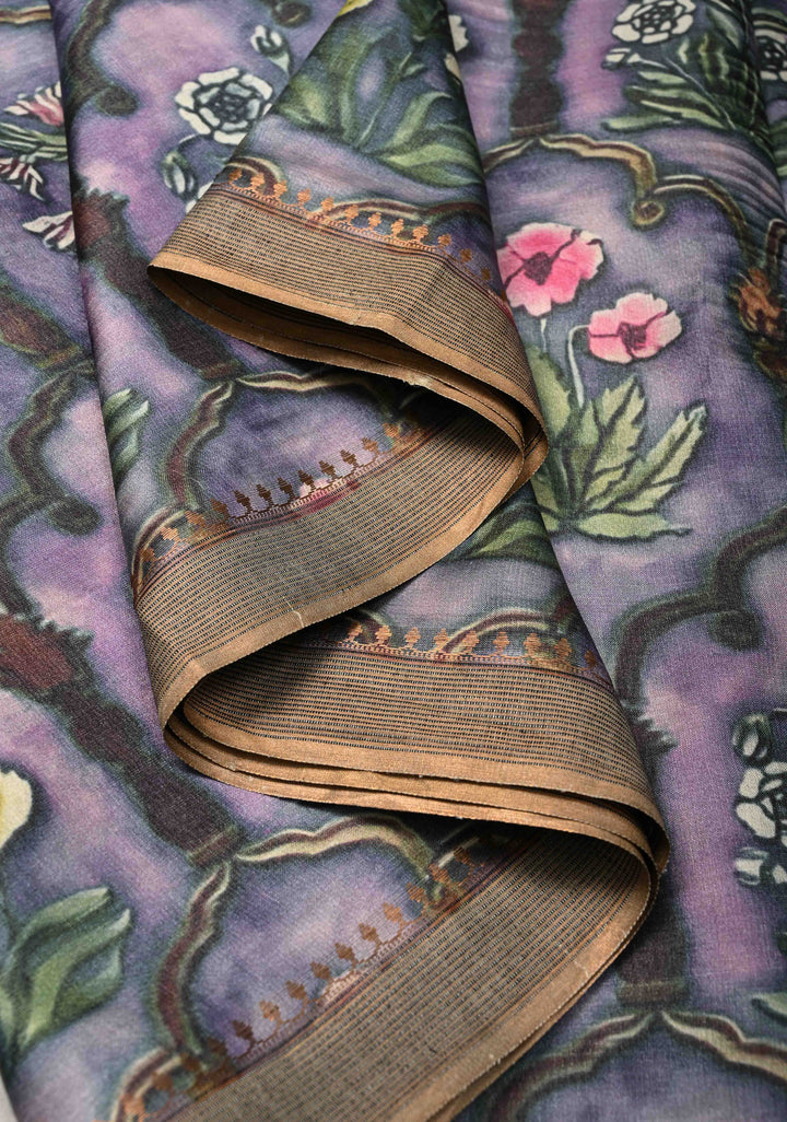 Pink-Lilac Tussar Silk saree with Floral Digital Print and Minimal Border | SILK MARK CERTIFIED