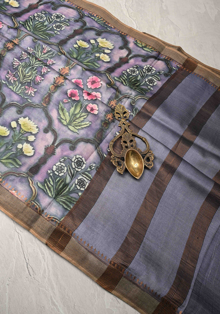 Pink-Lilac Tussar Silk saree with Floral Digital Print and Minimal Border | SILK MARK CERTIFIED