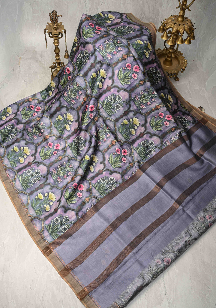 Pink-Lilac Tussar Silk saree with Floral Digital Print and Minimal Border | SILK MARK CERTIFIED