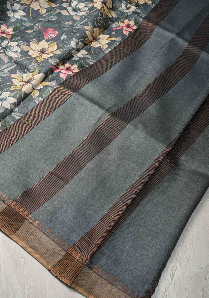 Bluish Gray Tussar Silk saree with Floral Digital Print and Minimal Muted Zari Border | SILK MARK CERTIFIED