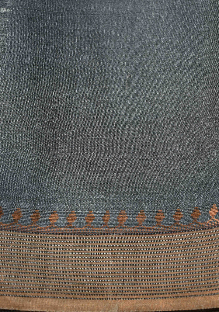 Bluish Gray Tussar Silk saree with Floral Digital Print and Minimal Muted Zari Border | SILK MARK CERTIFIED