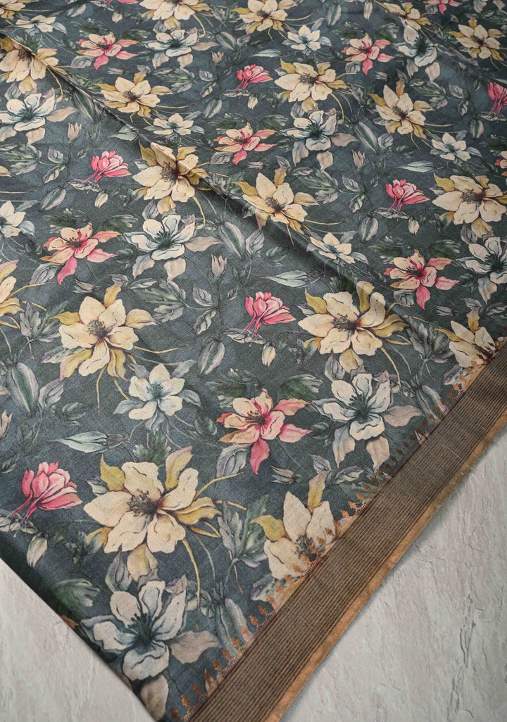 Bluish Gray Tussar Silk saree with Floral Digital Print and Minimal Muted Zari Border | SILK MARK CERTIFIED