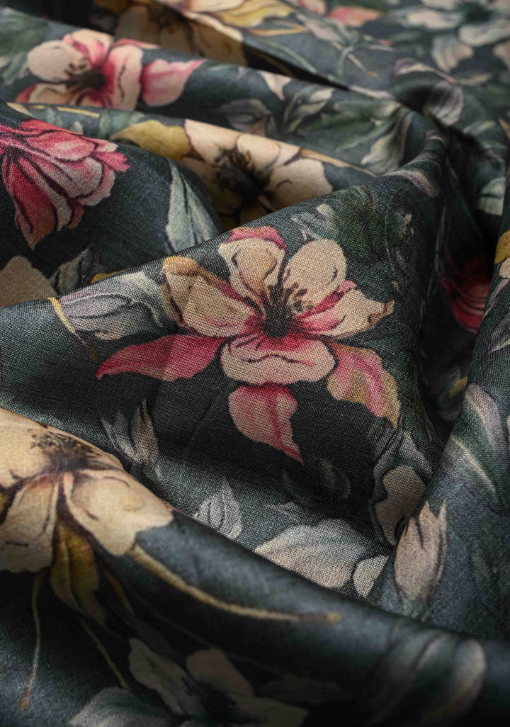 Bluish Gray Tussar Silk saree with Floral Digital Print and Minimal Muted Zari Border | SILK MARK CERTIFIED