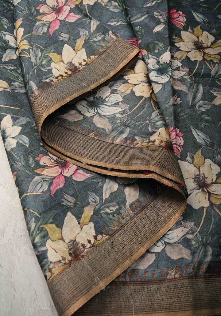 Bluish Gray Tussar Silk saree with Floral Digital Print and Minimal Muted Zari Border | SILK MARK CERTIFIED