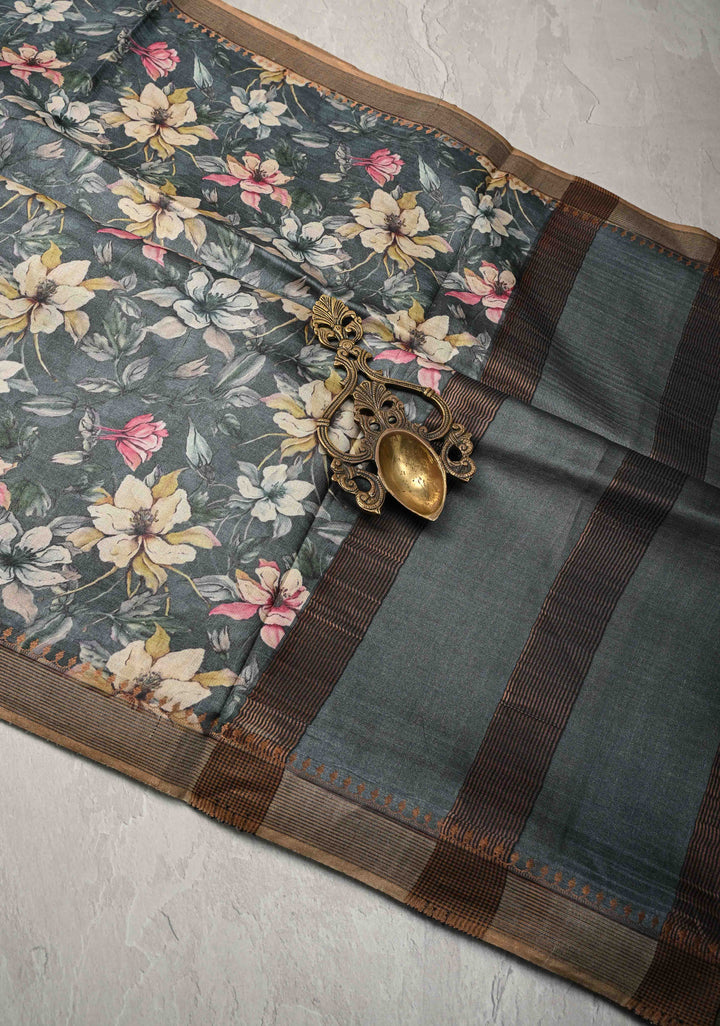 Bluish Gray Tussar Silk saree with Floral Digital Print and Minimal Muted Zari Border | SILK MARK CERTIFIED