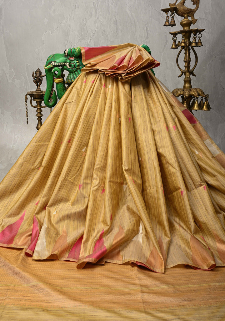 Muted Yellow Kanchi Semi Silk Saree with Meenakari  Buttas and Multicolor Temple Border