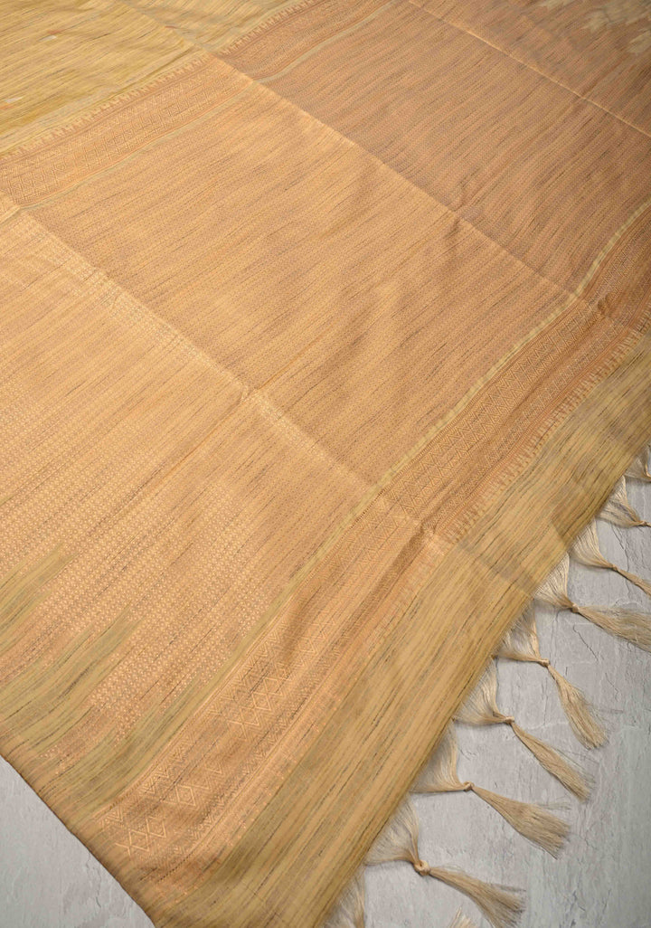 Muted Yellow Kanchi Semi Silk Saree with Meenakari  Buttas and Multicolor Temple Border