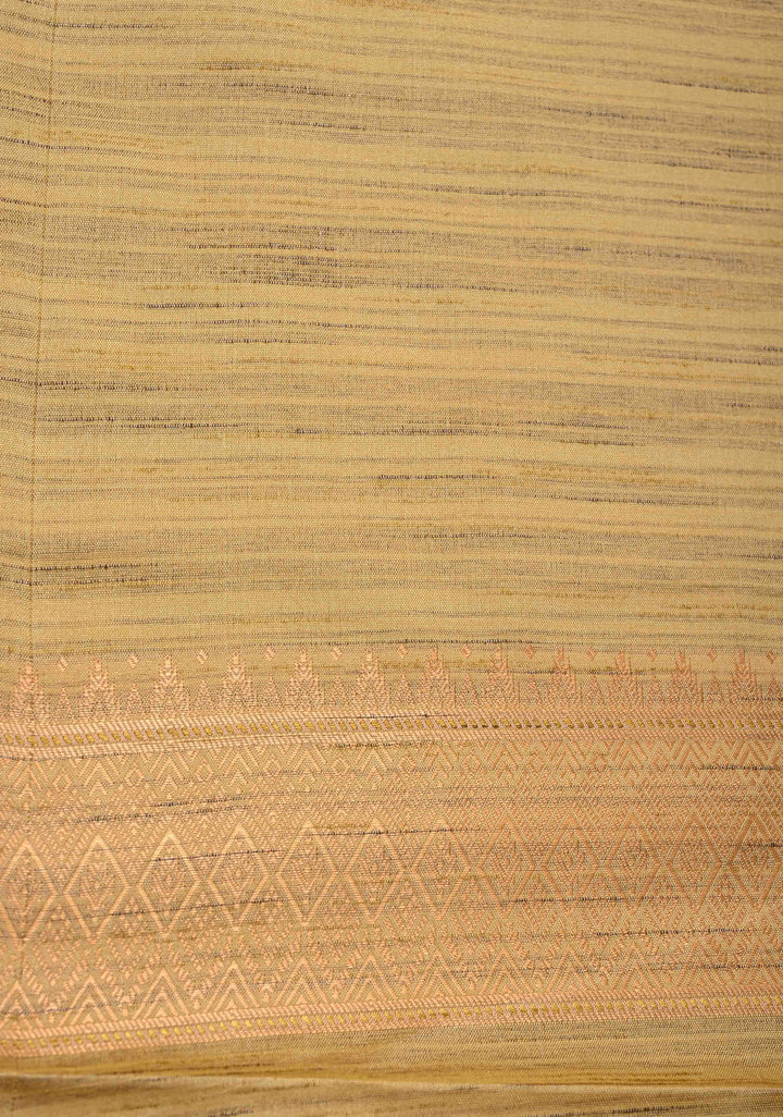 Muted Yellow Kanchi Semi Silk Saree with Meenakari  Buttas and Multicolor Temple Border