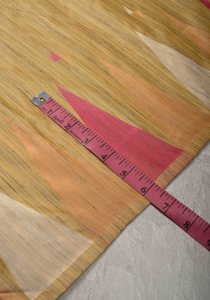 Muted Yellow Kanchi Semi Silk Saree with Meenakari  Buttas and Multicolor Temple Border