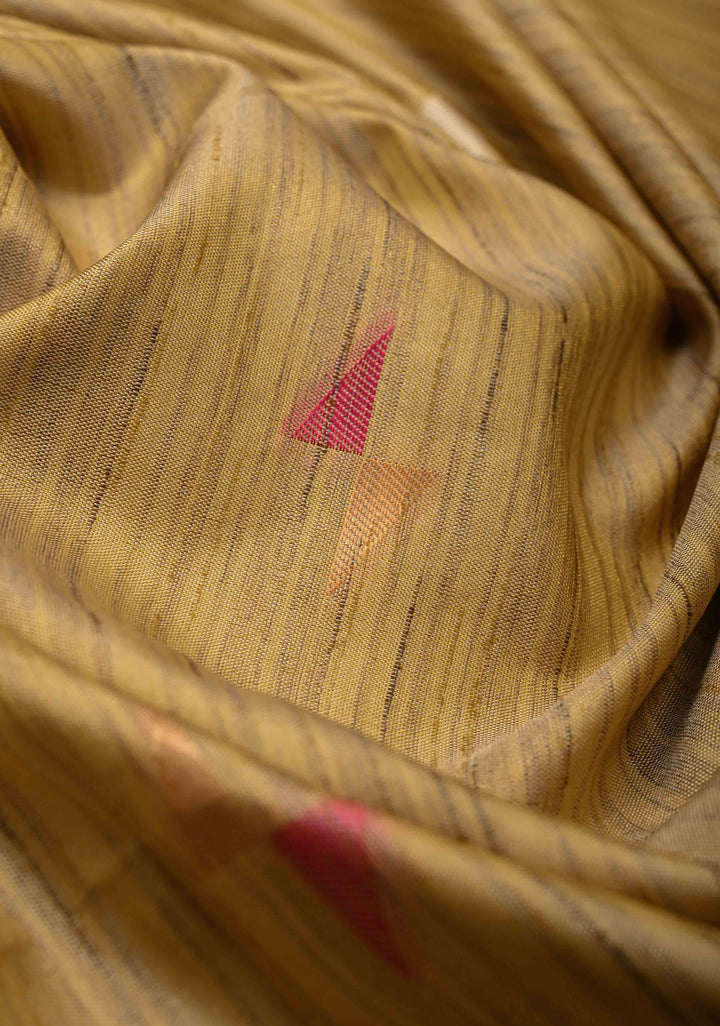 Muted Yellow Kanchi Semi Silk Saree with Meenakari  Buttas and Multicolor Temple Border