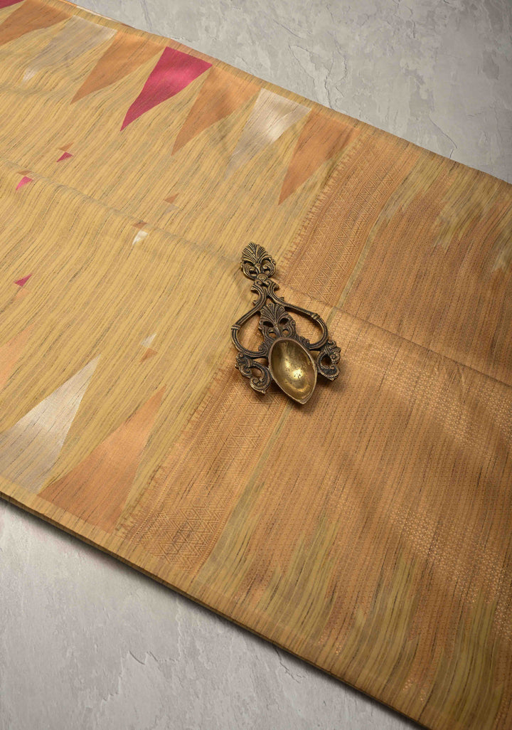 Muted Yellow Kanchi Semi Silk Saree with Meenakari  Buttas and Multicolor Temple Border