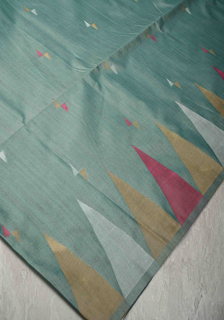 Sage Green Kanchi Semi Silk Saree with Meenakari  Buttas and Multicolor Temple Border