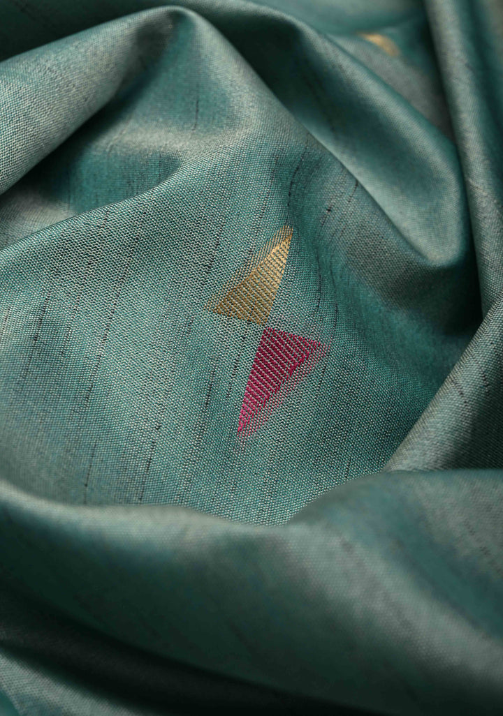 Sage Green Kanchi Semi Silk Saree with Meenakari  Buttas and Multicolor Temple Border