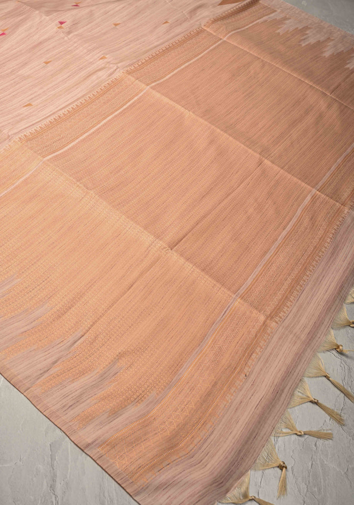 Beige Kanchi Semi Silk Saree with Meenakari  Buttas and Multicolor Temple Border