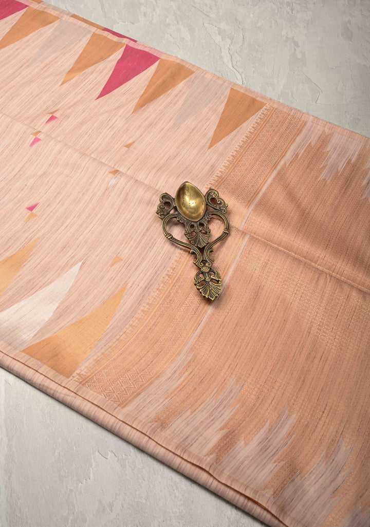 Beige Kanchi Semi Silk Saree with Meenakari  Buttas and Multicolor Temple Border