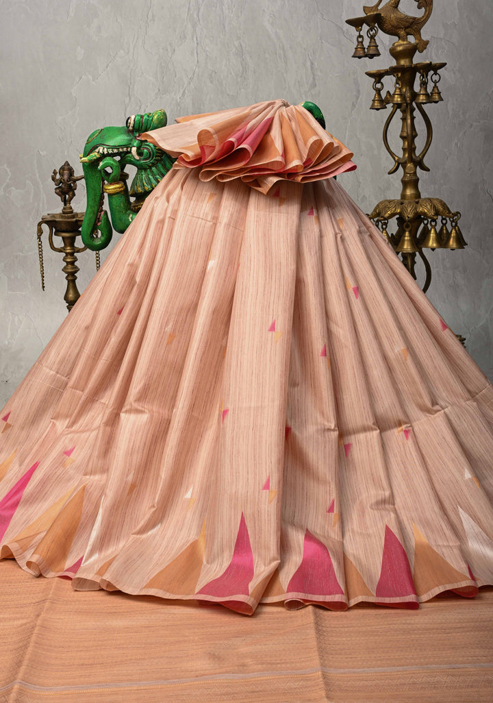 Beige Kanchi Semi Silk Saree with Meenakari  Buttas and Multicolor Temple Border