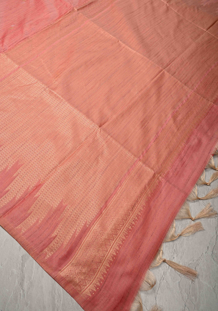 Rose Pink Kanchi Semi Silk Saree with Meenakari  Buttas and Multicolor Temple Border