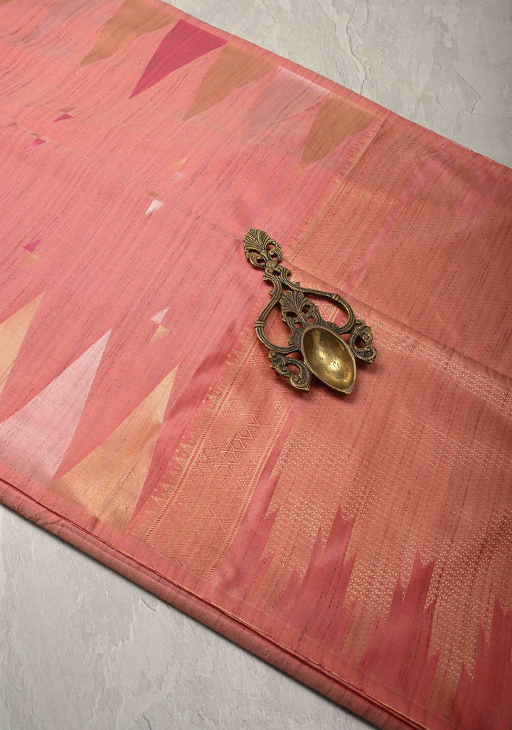 Rose Pink Kanchi Semi Silk Saree with Meenakari  Buttas and Multicolor Temple Border