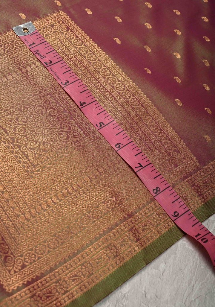 Green Dual tone Kanchi Semi Silk Saree with Paisley Zari Buttas and Geomatric Motifs on Border