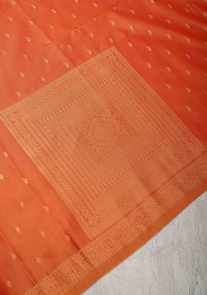 Orange Kanchi Semi Silk Saree with Paisley Zari Buttas and Geomatric Motifs on Border