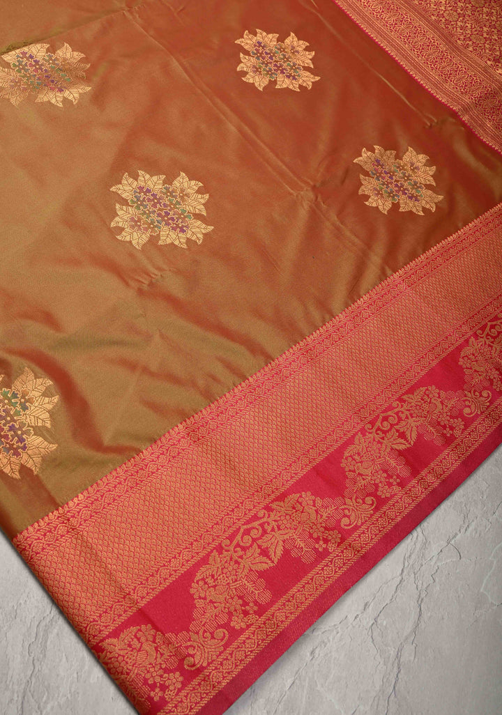 Pink Green Dual Tone Kanchi Semi Silk Saree with Floral Meenakari Buttas and Contrast Zari Border