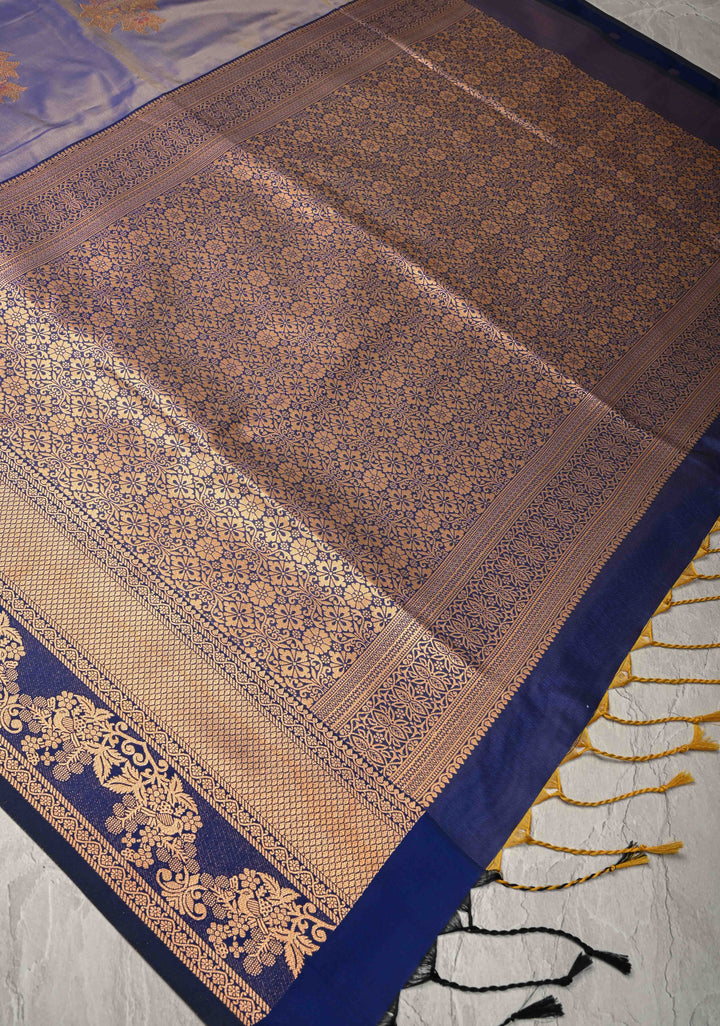 Light Blue Dual Tone Kanchi Semi Silk Saree with Floral Meenakari Buttas and Contrst Zari Border