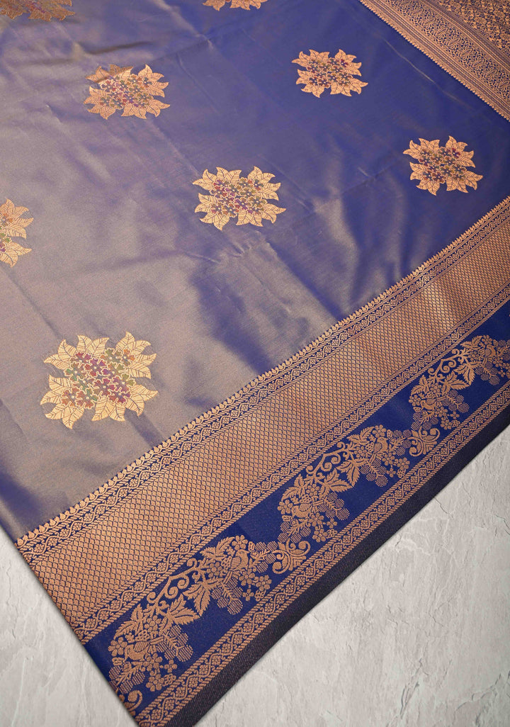 Light Blue Dual Tone Kanchi Semi Silk Saree with Floral Meenakari Buttas and Contrst Zari Border