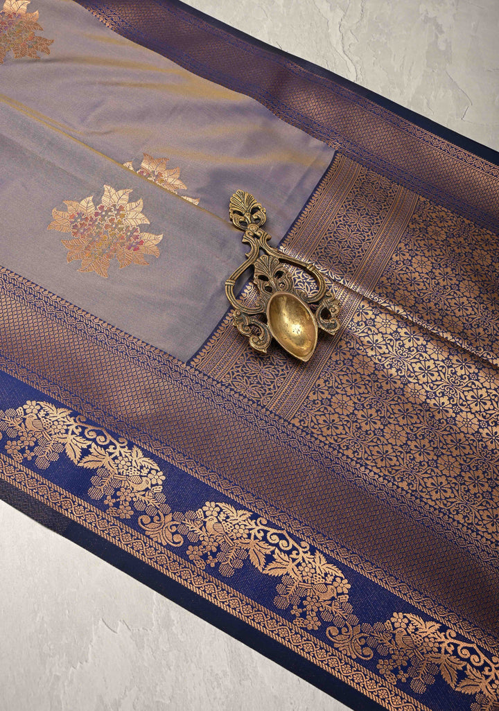 Light Blue Dual Tone Kanchi Semi Silk Saree with Floral Meenakari Buttas and Contrst Zari Border