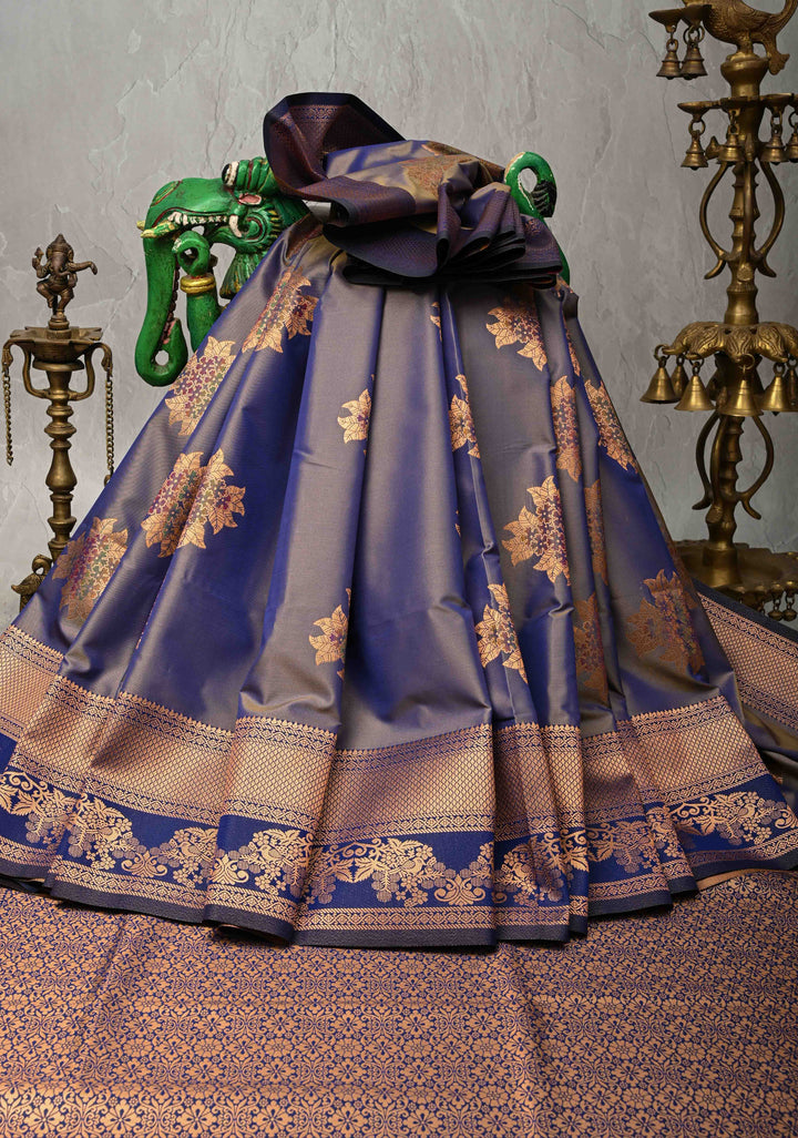 Light Blue Dual Tone Kanchi Semi Silk Saree with Floral Meenakari Buttas and Contrst Zari Border