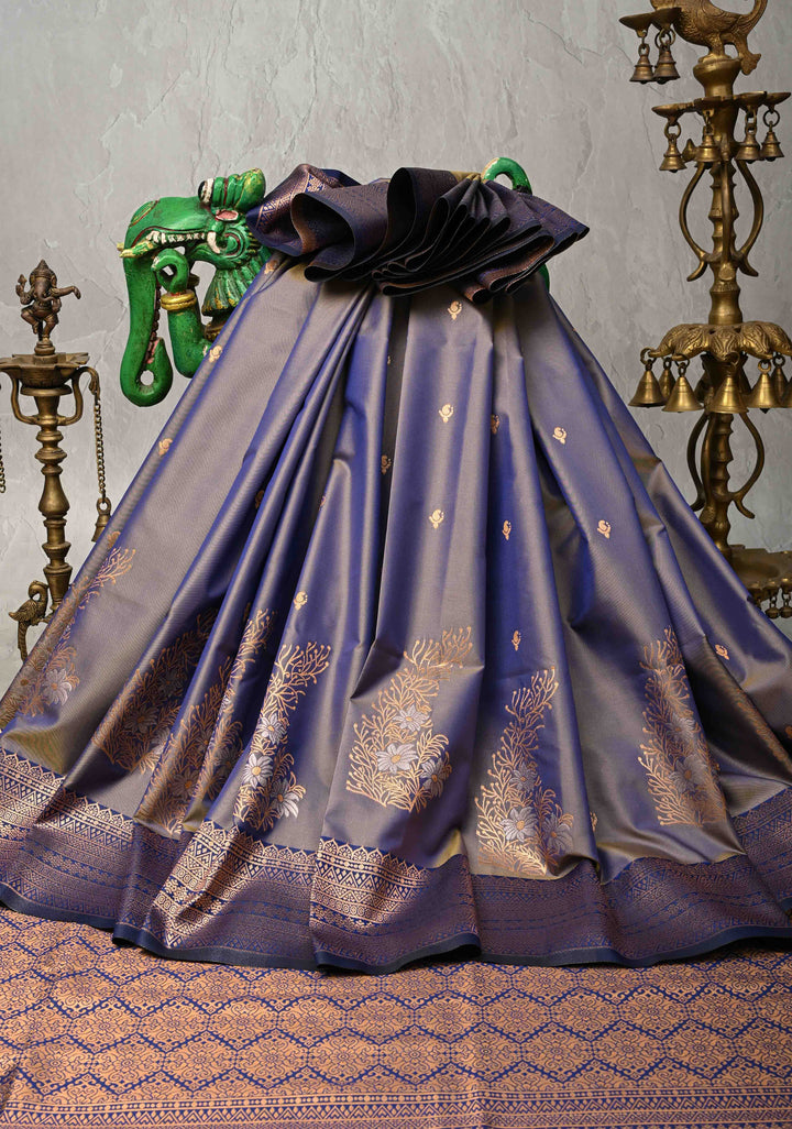 Light Blue Dual Tone Kanchi Semi Silk Saree with Floral Meenakari Buttas and Contrst Zari Border