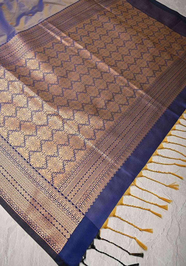 Light Blue Dual Tone Kanchi Semi Silk Saree with Floral Meenakari Buttas and Contrst Zari Border