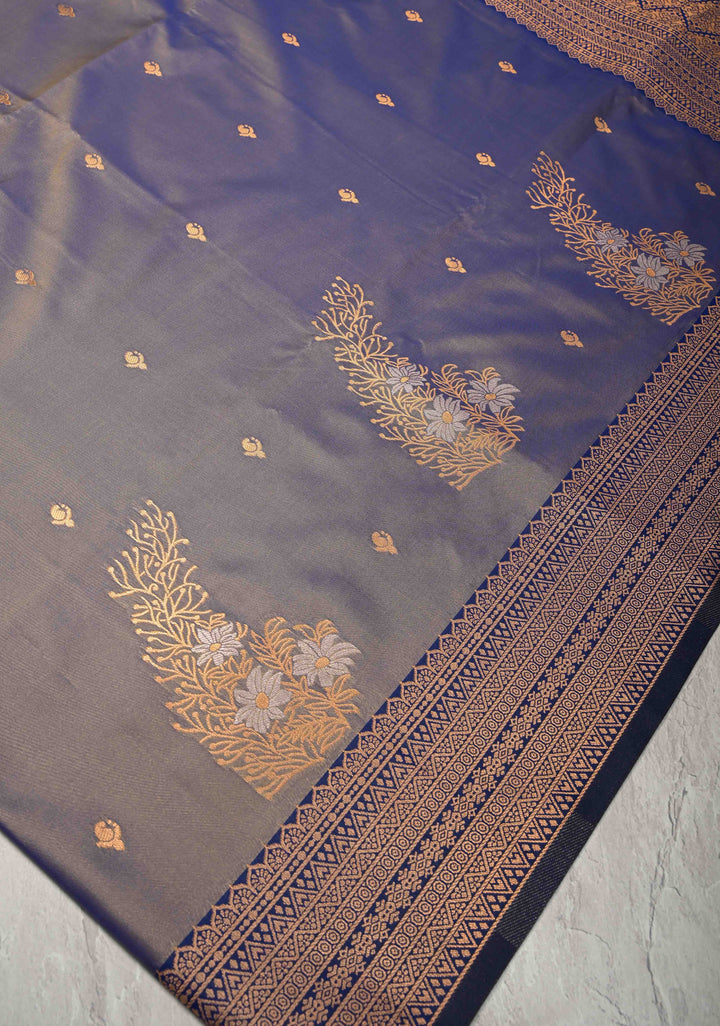 Light Blue Dual Tone Kanchi Semi Silk Saree with Floral Meenakari Buttas and Contrst Zari Border