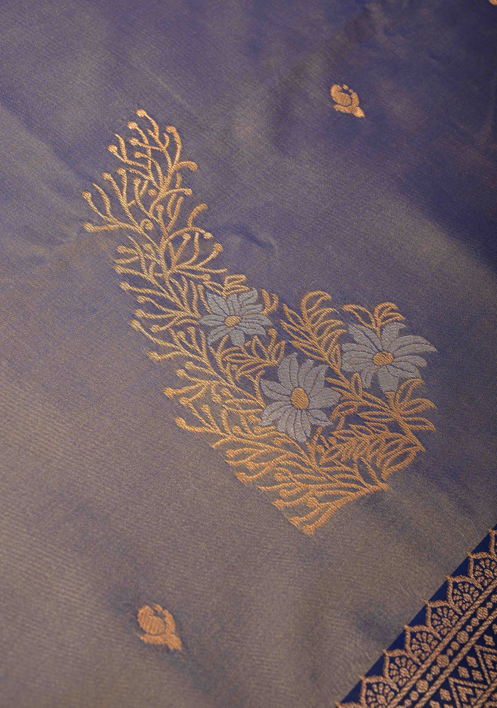 Light Blue Dual Tone Kanchi Semi Silk Saree with Floral Meenakari Buttas and Contrst Zari Border
