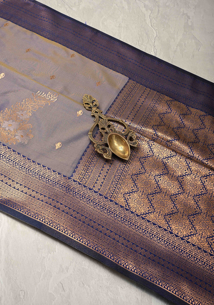 Light Blue Dual Tone Kanchi Semi Silk Saree with Floral Meenakari Buttas and Contrst Zari Border