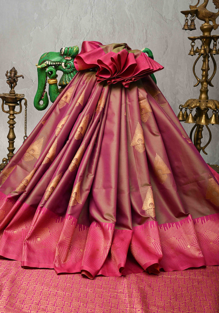 Green-Pink Dual Tone Kanchi Semi Silk Saree with Zari Buttas and Contrst Zari Border