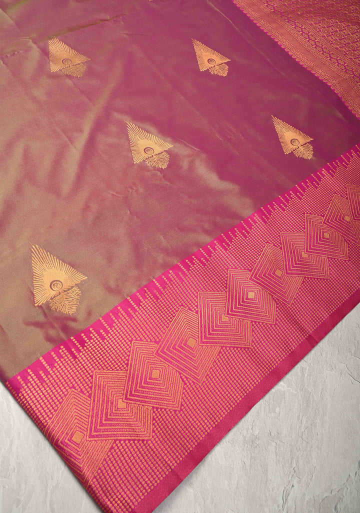 Green-Pink Dual Tone Kanchi Semi Silk Saree with Zari Buttas and Contrst Zari Border