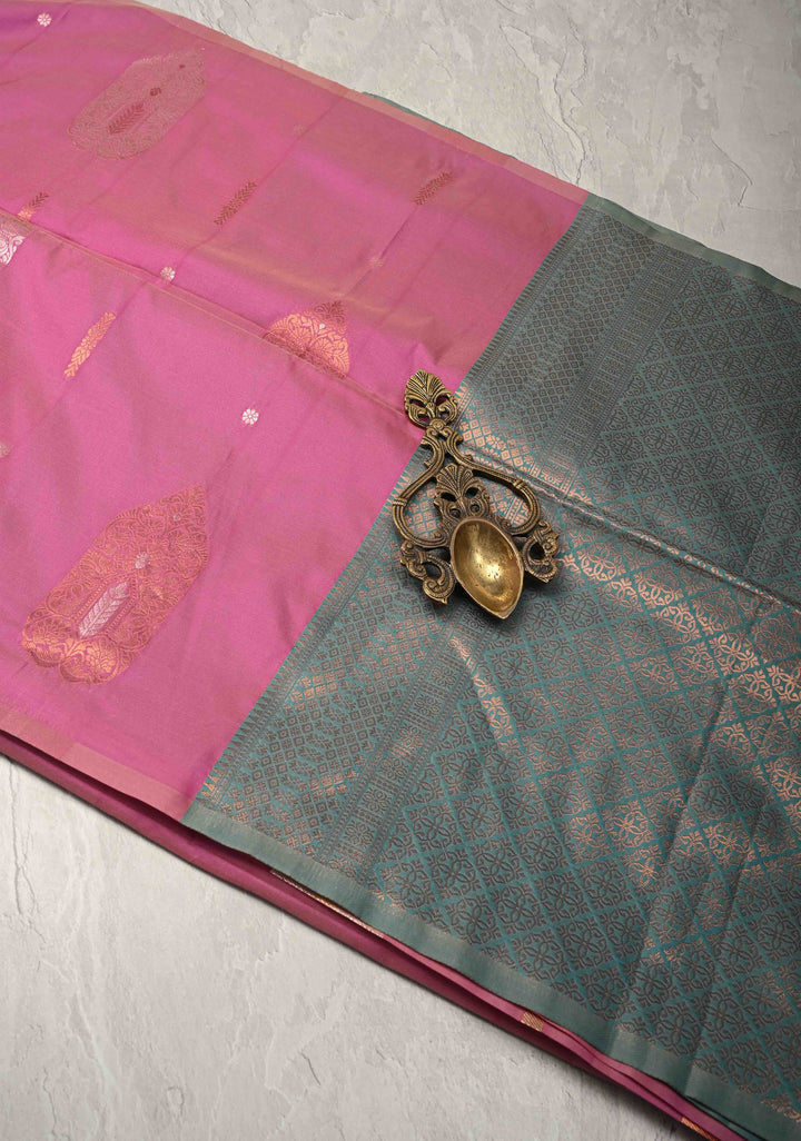 Mulberry Kanchi Semi Silk Saree with  Meenakari Zari Buttas and Border less