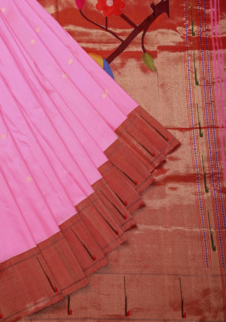 Authentic Bubblegum Pink Yeola Paithani Handloom Silk Saree with Single Muniya Borders and African Parrot  Grand Pallu | SILK MARK CERTIFIED