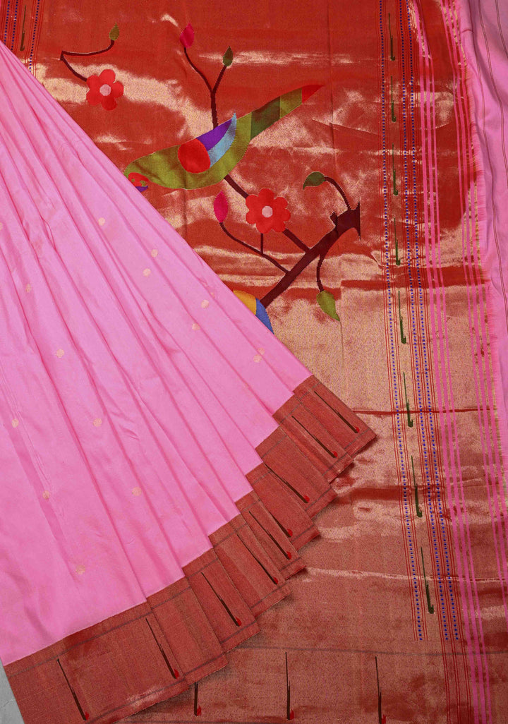Authentic Bubblegum Pink Yeola Paithani Handloom Silk Saree with Single Muniya Borders and African Parrot  Grand Pallu | SILK MARK CERTIFIED