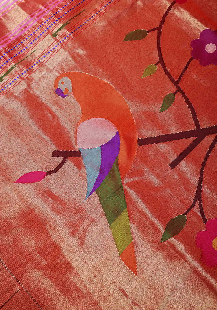 Authentic Bubblegum Pink Yeola Paithani Handloom Silk Saree with Single Muniya Borders and African Parrot  Grand Pallu | SILK MARK CERTIFIED