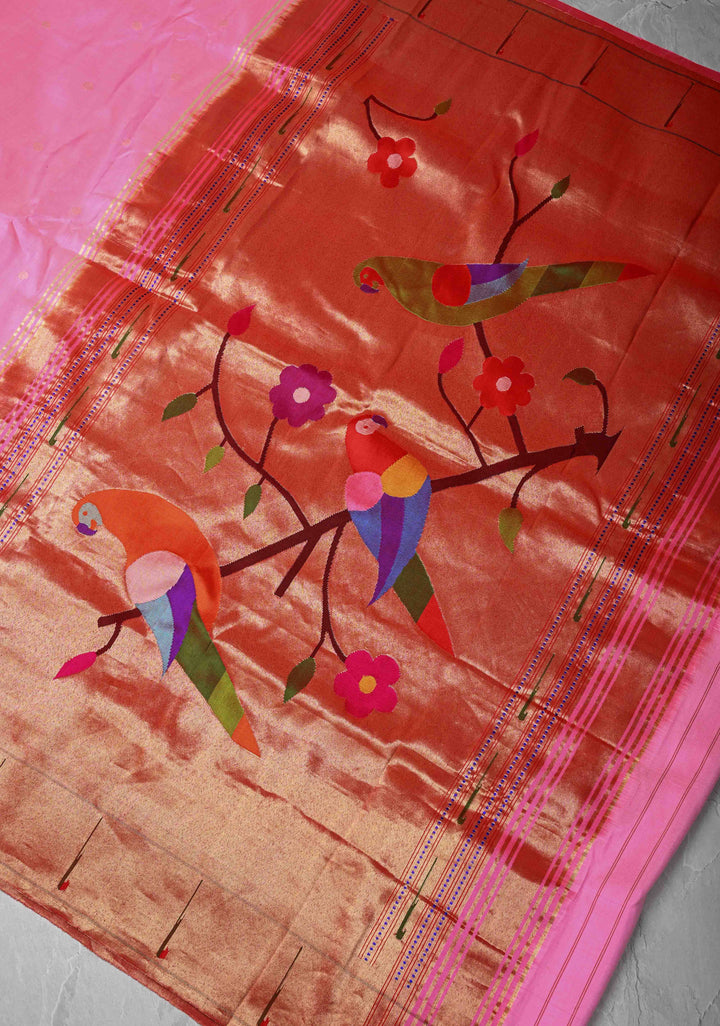 Authentic Bubblegum Pink Yeola Paithani Handloom Silk Saree with Single Muniya Borders and African Parrot  Grand Pallu | SILK MARK CERTIFIED