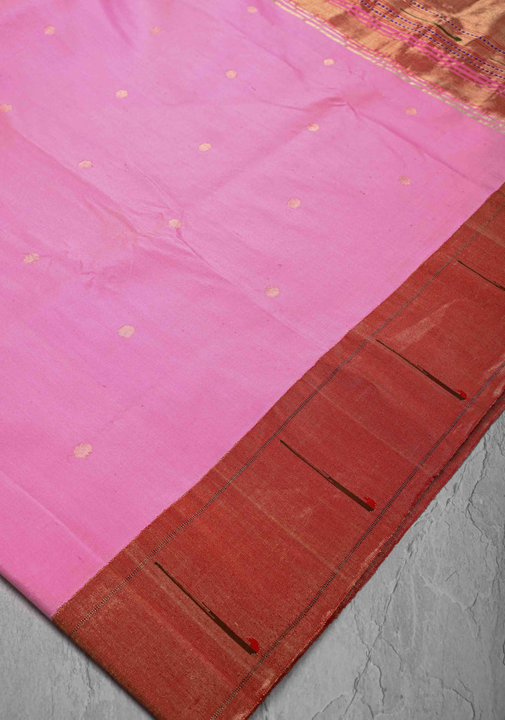 Authentic Bubblegum Pink Yeola Paithani Handloom Silk Saree with Single Muniya Borders and African Parrot  Grand Pallu | SILK MARK CERTIFIED