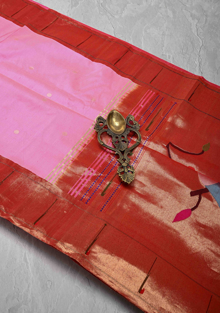 Authentic Bubblegum Pink Yeola Paithani Handloom Silk Saree with Single Muniya Borders and African Parrot  Grand Pallu | SILK MARK CERTIFIED