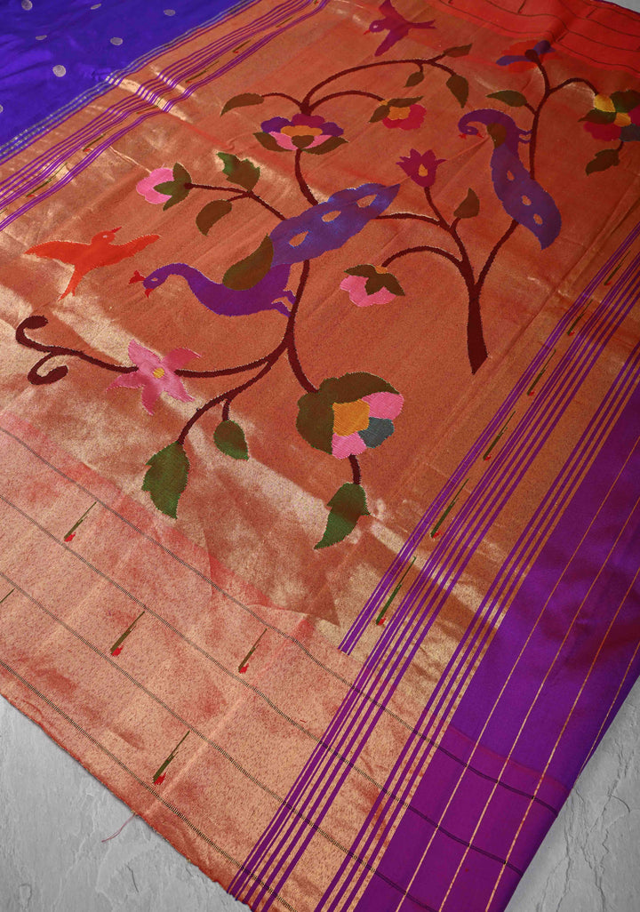 Authentic Purple Yeola Paithani Handloom Silk Saree with Triple Muniya Borders and Peacock Motifs on Pallu | SILK MARK CERTIFIED